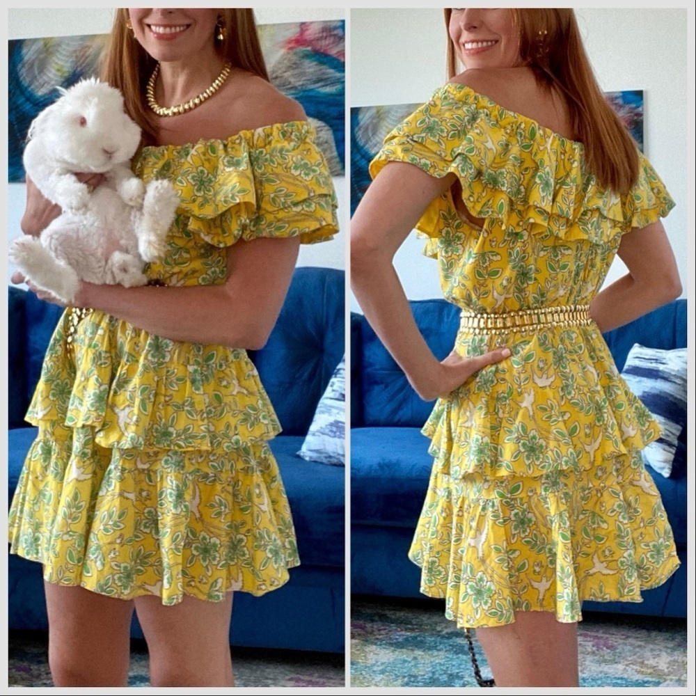 RHODE Yellow Floral Off-Shoulder Ruffle Mini Dress - Picture 2 of 16